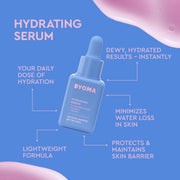 Flacon compte-gouttes bleu de sérum hydratant BYOMA affiché sur un fond bleu vif avec une texture gel rose.