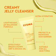 BYOMA Creamy Jelly Cleanser de l'ensemble So Hydrating sur fond jaune, avec les caractéristiques du produit répertoriées.