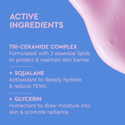 Fond bleu avec une texture liquide rose translucide dans le coin supérieur droit et un en-tête rose vif indiquant « Ingrédients actifs ».